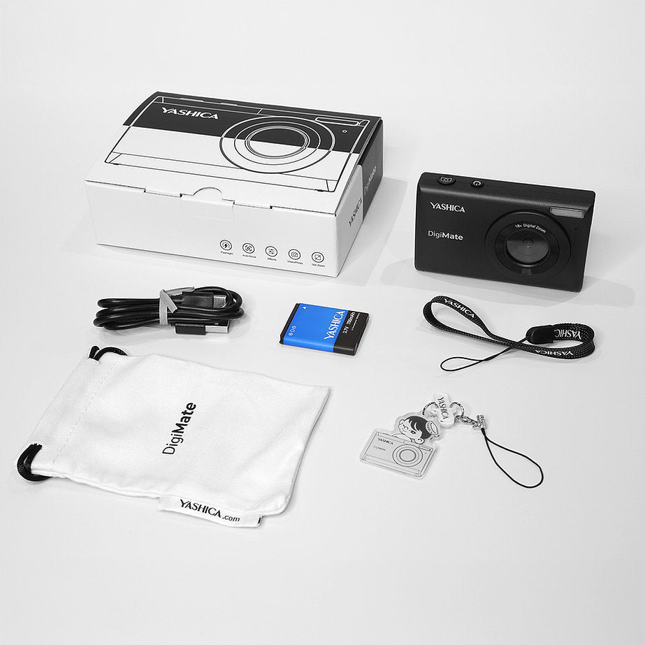 Yashica DigiMate compact camera with CMOS sensor, 4K video, 18x zoom, and 2.7" LCD on white background.
