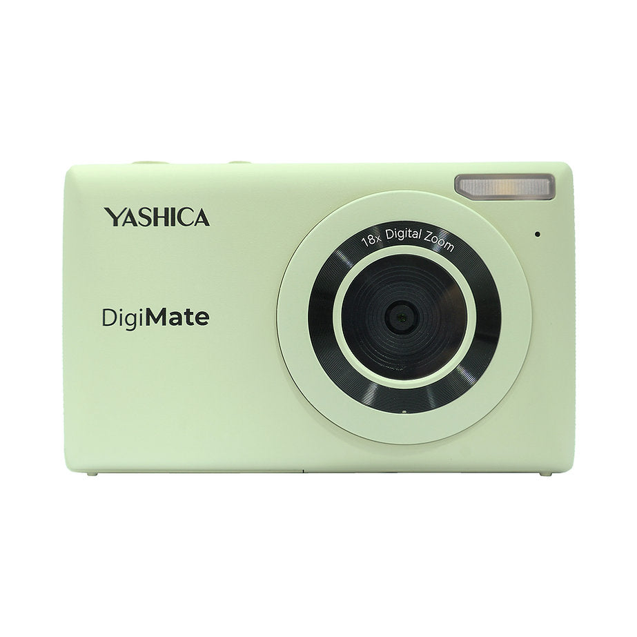 Yashica DigiMate compact camera with CMOS sensor, 4K video, 18x zoom, and 2.7" LCD on white background.