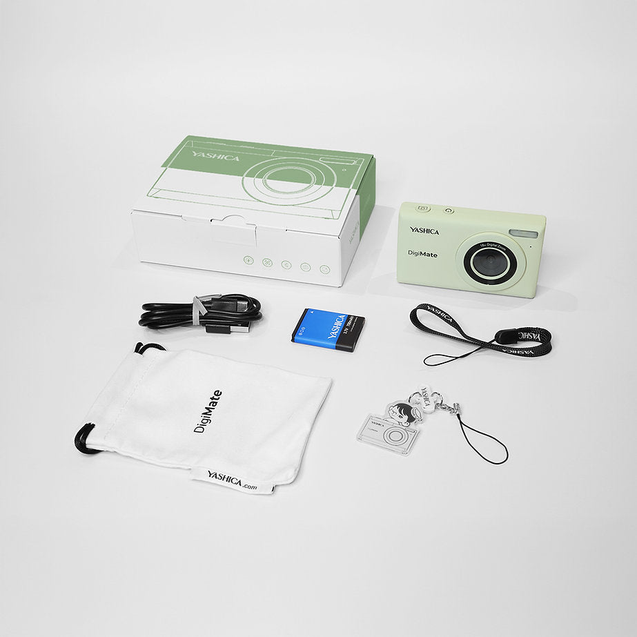 Yashica DigiMate compact camera with CMOS sensor, 4K video, 18x zoom, and 2.7" LCD on white background.