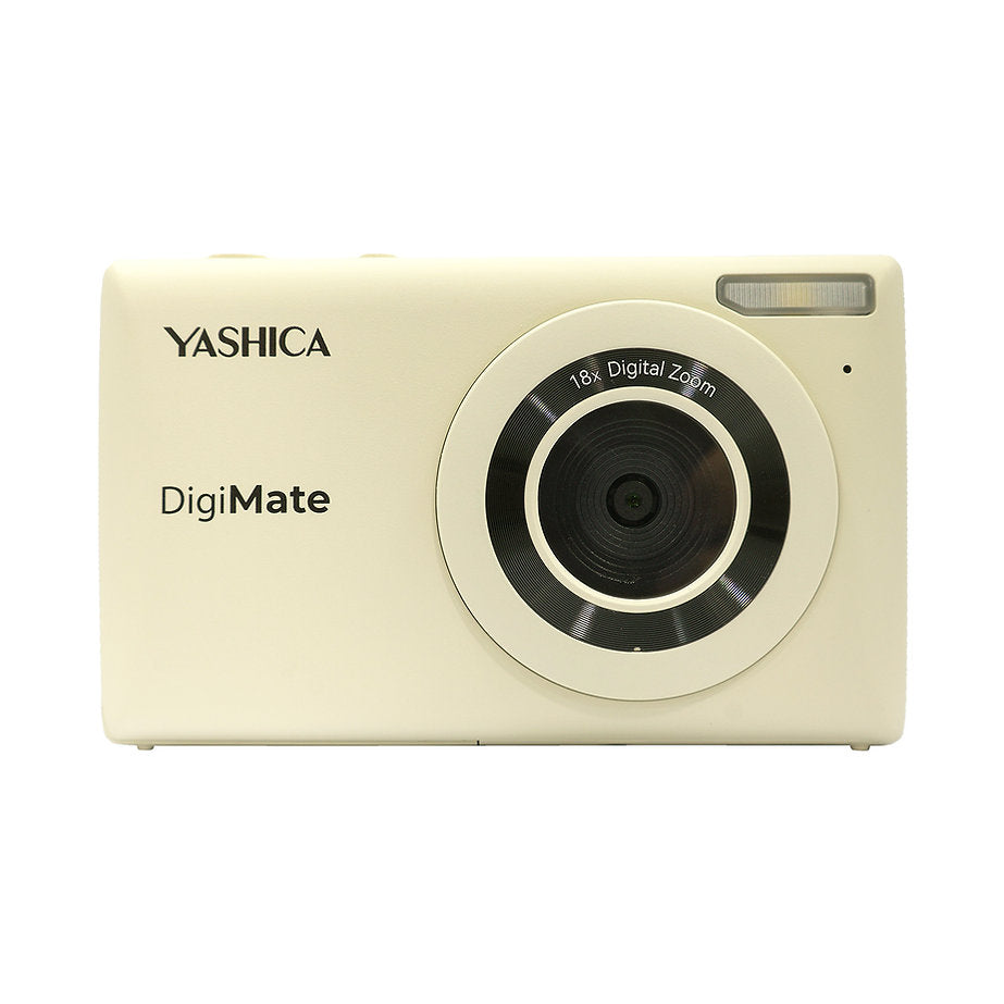 Yashica DigiMate compact camera with CMOS sensor, 4K video, 18x zoom, and 2.7" LCD on white background.