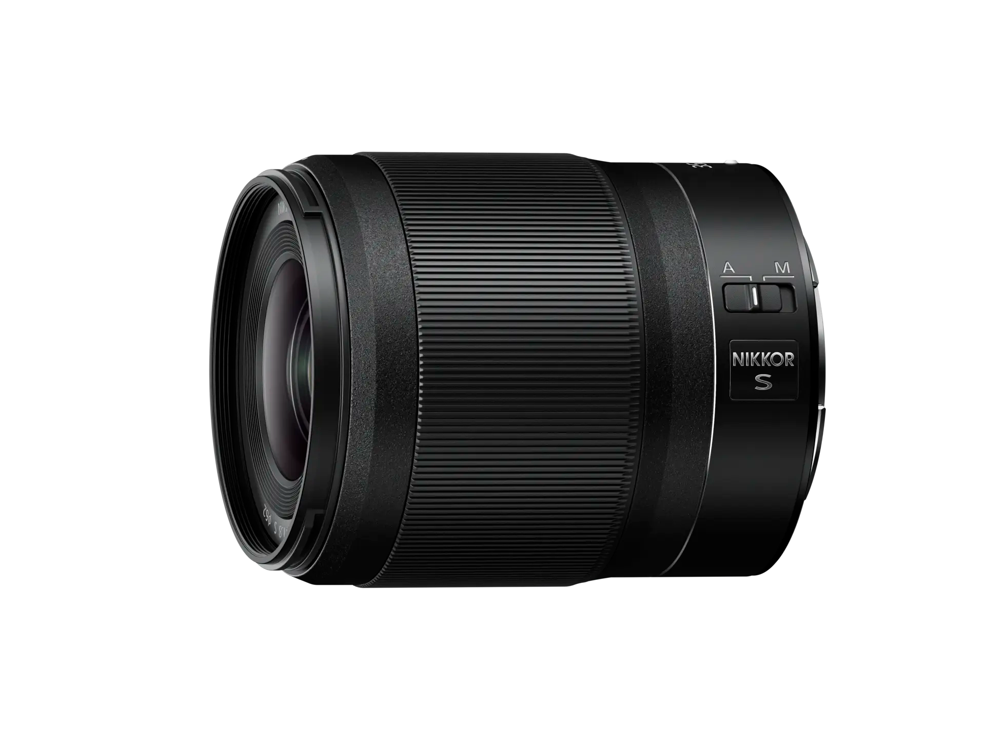 Black camera lens with 'Nikon' branding on a white background