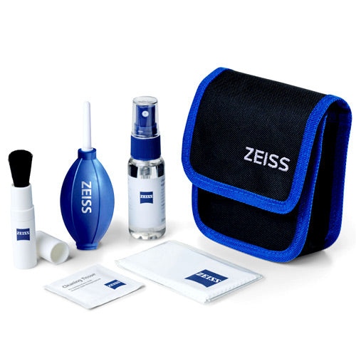 ZEISS cleaning kit with spray bottle, cloth, and pouch on a white background