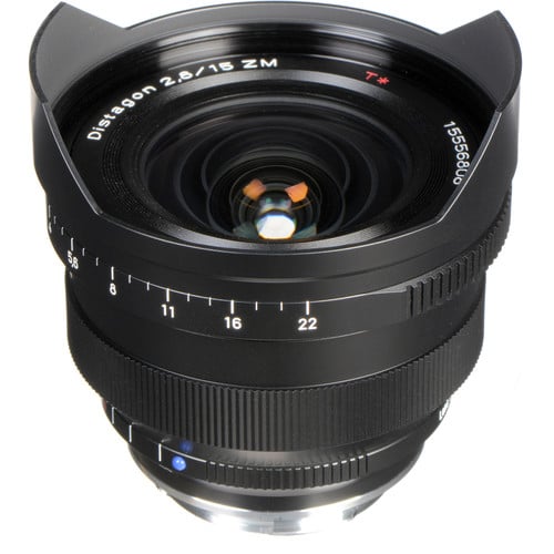 Zeiss Distagon 15mm f/2.8 ZM for Leica M. Ultra-wide, fast f/2.8 aperture, sharp optics, and durable metal build for architecture, landscapes, and interiors.
