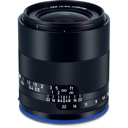 Zeiss Loxia 21mm f/2.8 for Sony E. Wide-angle prime lens with manual focus, f/2.8 aperture, Distagon design, and weather-sealed all-metal build.