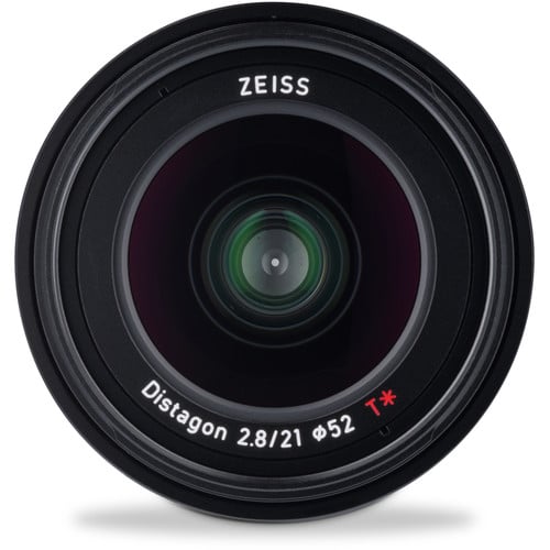 Zeiss Loxia 21mm f/2.8 for Sony E. Wide-angle prime lens with manual focus, f/2.8 aperture, Distagon design, and weather-sealed all-metal build.