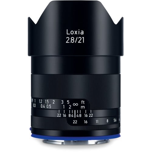 Zeiss Loxia 21mm f/2.8 for Sony E. Wide-angle prime lens with manual focus, f/2.8 aperture, Distagon design, and weather-sealed all-metal build.