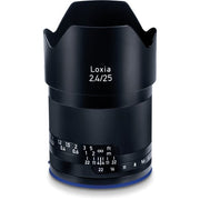 Zeiss Loxia 25mm f/2.4 for Sony E. Wide-angle prime with manual focus, sharp Distagon optics, and weather-sealed all-metal build for professional use.