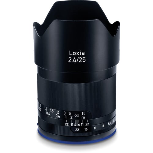 Zeiss Loxia 25mm f/2.4 for Sony E. Wide-angle prime with manual focus, sharp Distagon optics, and weather-sealed all-metal build for professional use.