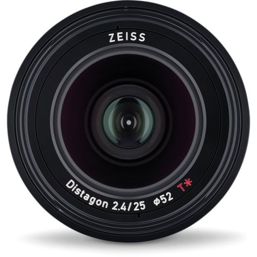 Zeiss Loxia 25mm f/2.4 for Sony E. Wide-angle prime with manual focus, sharp Distagon optics, and weather-sealed all-metal build for professional use.