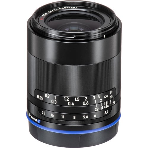 Zeiss Loxia 25mm f/2.4 for Sony E. Wide-angle prime with manual focus, sharp Distagon optics, and weather-sealed all-metal build for professional use.