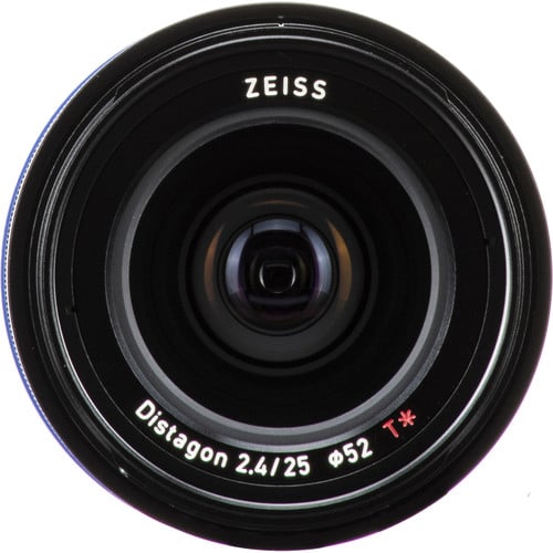 Zeiss Loxia 25mm f/2.4 for Sony E. Wide-angle prime with manual focus, sharp Distagon optics, and weather-sealed all-metal build for professional use.
