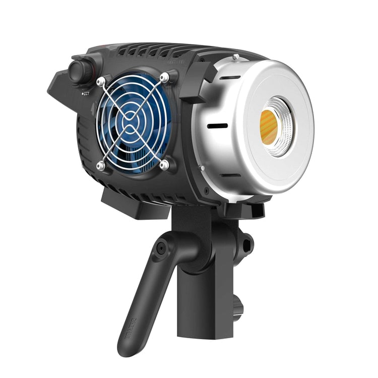 Zhiyun Molus B300 300W bi-color LED monolight — compact black fixture with Bowens mount, integrated AC power source, and cooling vents.
