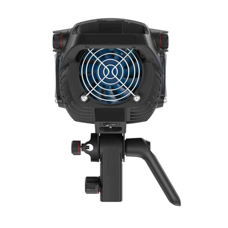 Zhiyun Molus B300 300W bi-color LED monolight — compact black fixture with Bowens mount, integrated AC power source, and cooling vents.