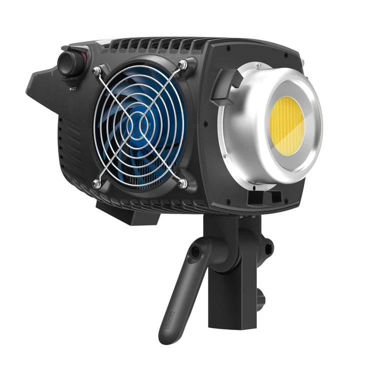 Zhiyun Molus B300 300W bi-color LED monolight — compact black fixture with Bowens mount, integrated AC power source, and cooling vents.