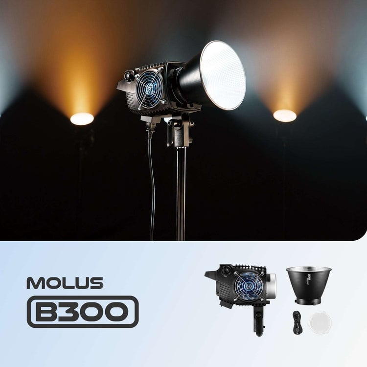 Zhiyun Molus B300 300W bi-color LED monolight — compact black fixture with Bowens mount, integrated AC power source, and cooling vents.