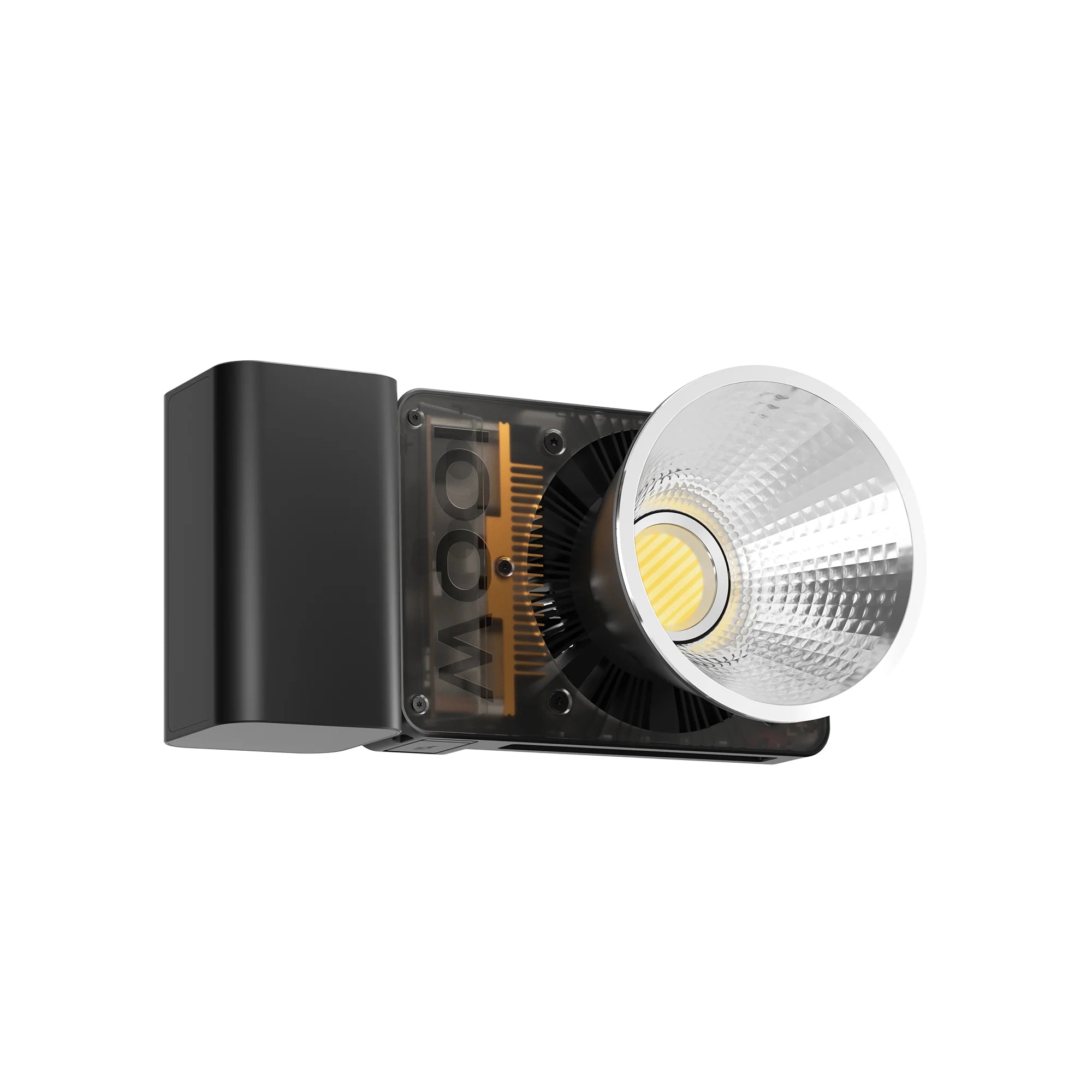 Zhiyun Cinepeer CX100 COB LED video light — compact 100W fixture with Bowens mount, 2700K–6500K color temperature, and built-in 4500mAh battery.