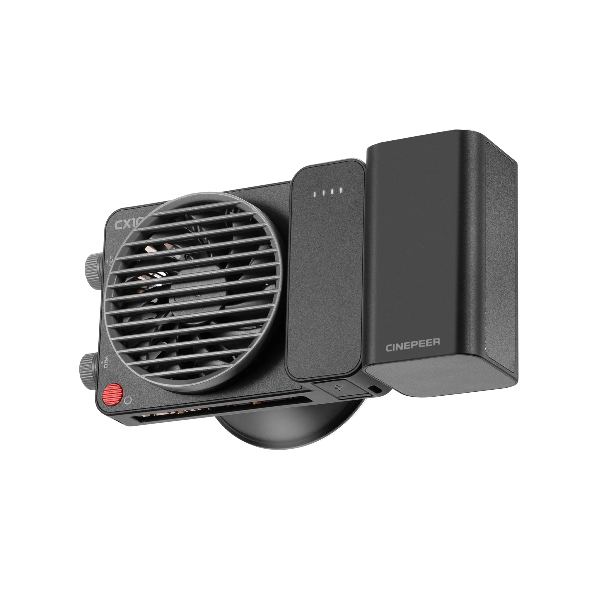 Zhiyun Cinepeer CX100 COB LED video light — compact 100W fixture with Bowens mount, 2700K–6500K color temperature, and built-in 4500mAh battery.