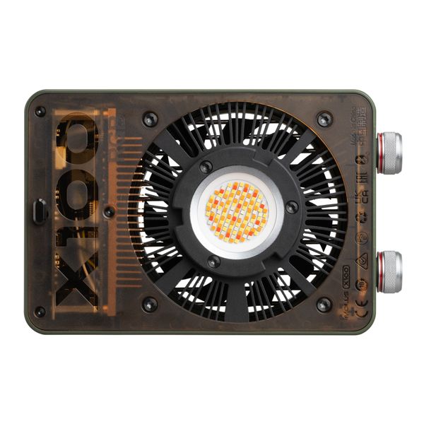 Zhiyun X100 RGB compact video light with full-colour output, vintage leather finish, and Mini Lens Reflector for bright, even lighting.