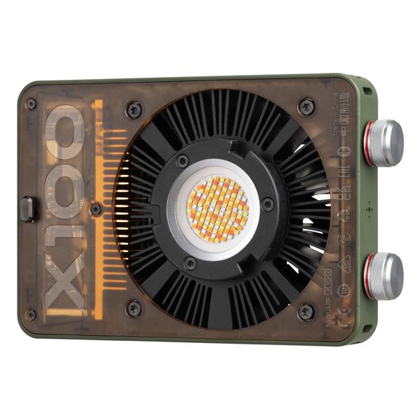 Zhiyun X100 RGB compact video light with full-colour output, vintage leather finish, and Mini Lens Reflector for bright, even lighting.
