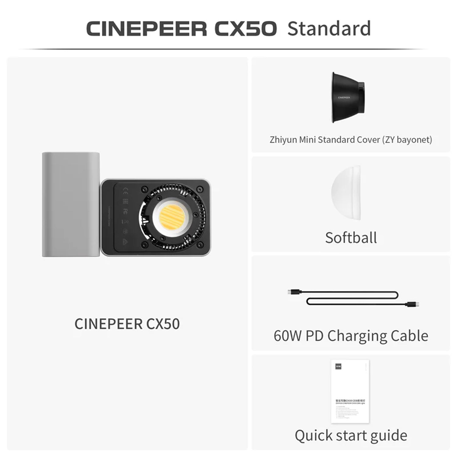 Zhiyun Cinepeer CX50 RGB COB Light with battery and Bluetooth control for pro video lighting.