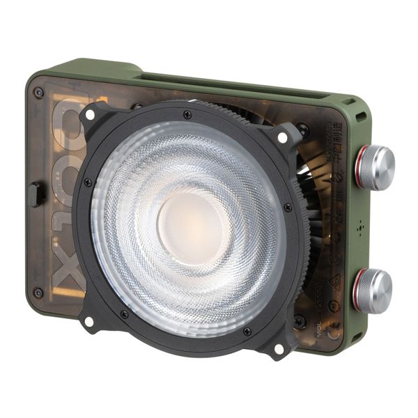 Zhiyun X100 RGB compact video light with full-colour output, vintage leather finish, and Mini Lens Reflector for bright, even lighting.