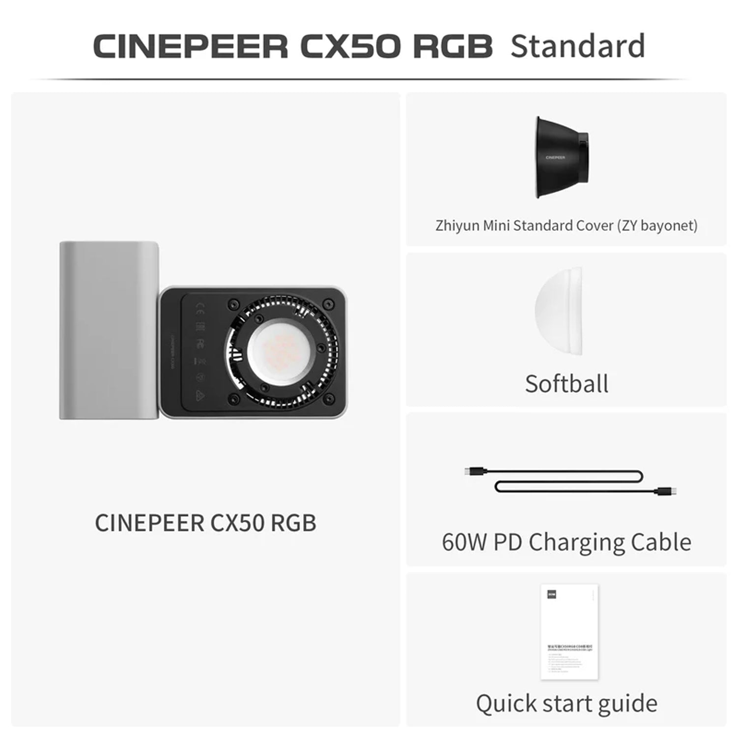 Zhiyun Cinepeer CX50 COB video light with reflector for high-intensity portable lighting.