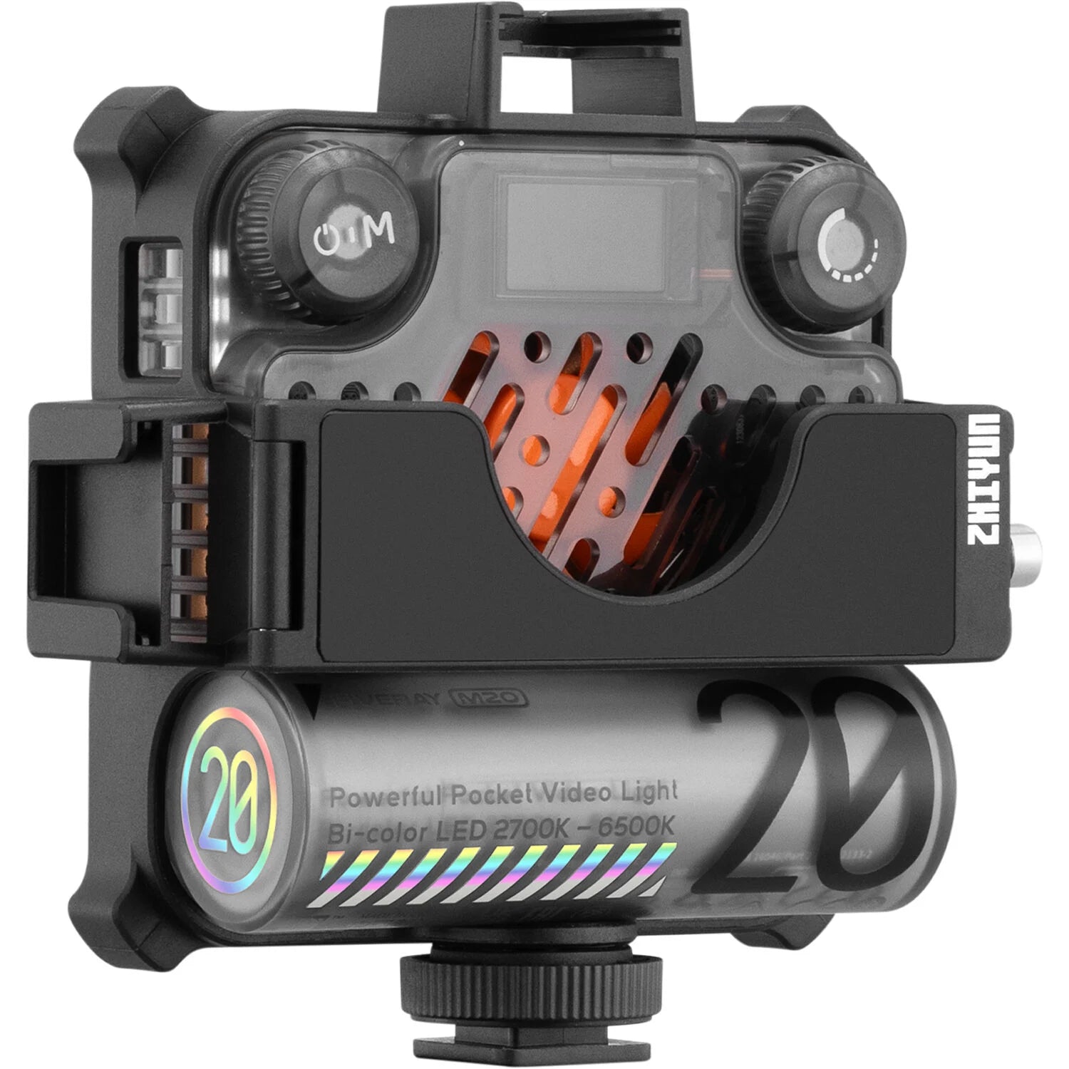Zhiyun Fiveray M20 RGB LED light combo with full color spectrum and adjustable brightness.