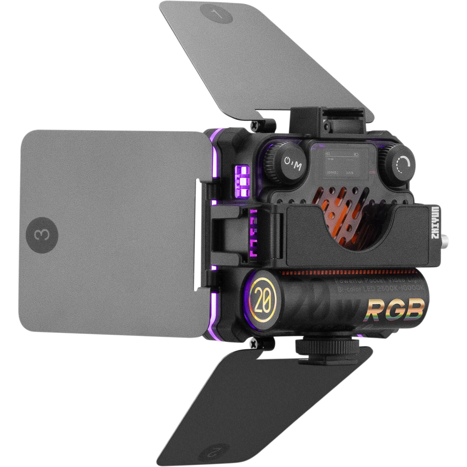 Zhiyun Fiveray M20C RGB LED light combo with adjustable color temperature and RGB modes.