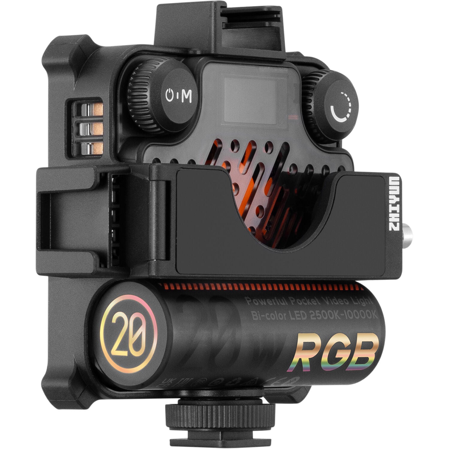Zhiyun Fiveray M20C RGB LED light combo with adjustable color temperature and RGB modes.