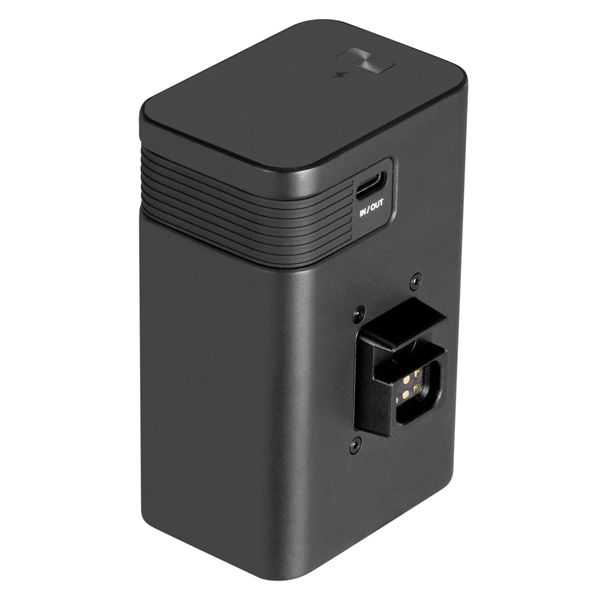 Zhiyun X100/X60 Grip Battery powering Molus COB video light with USB-C cable attached.