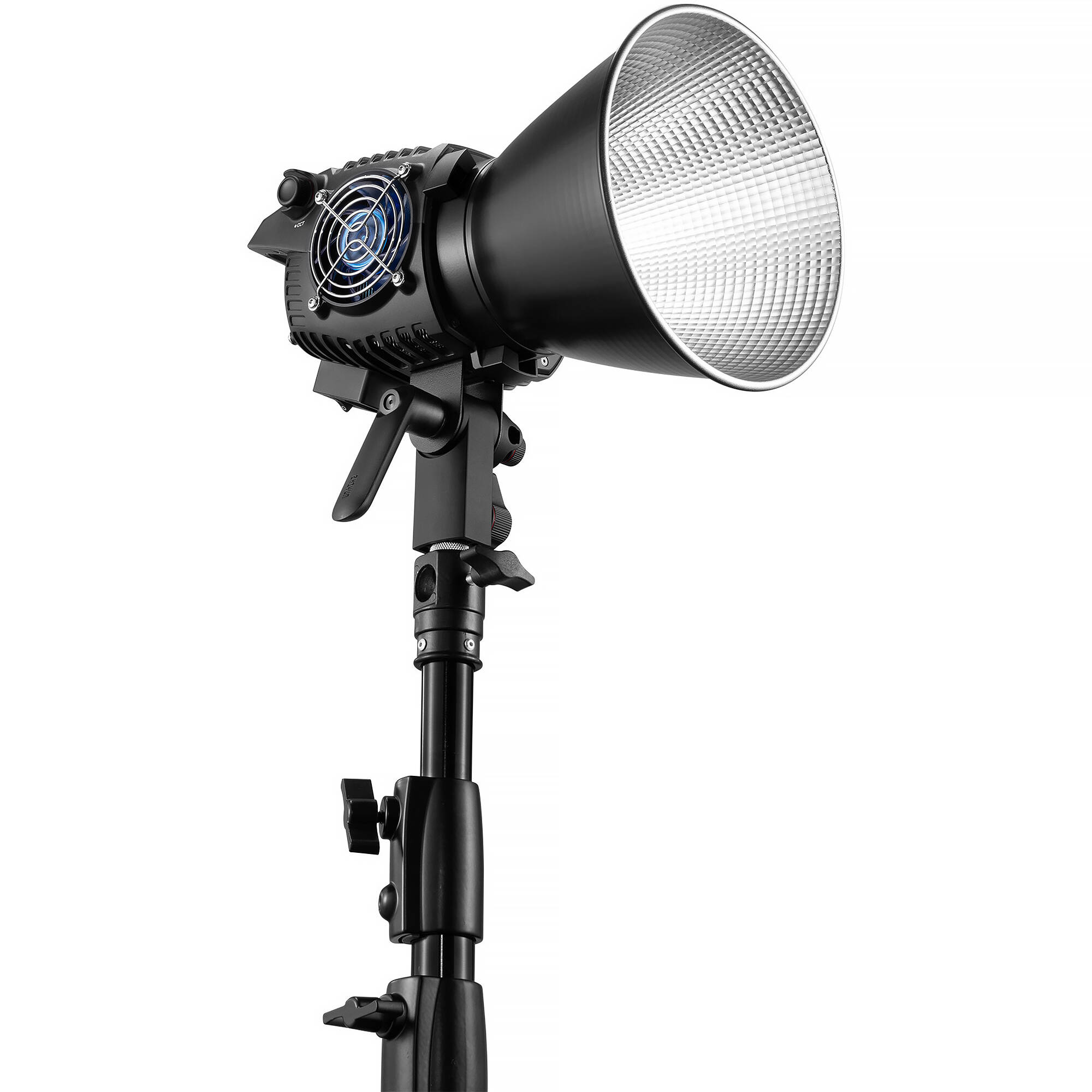 Zhiyun Molus B200 bi-color LED monolight with reflector, mounted on a light stand.