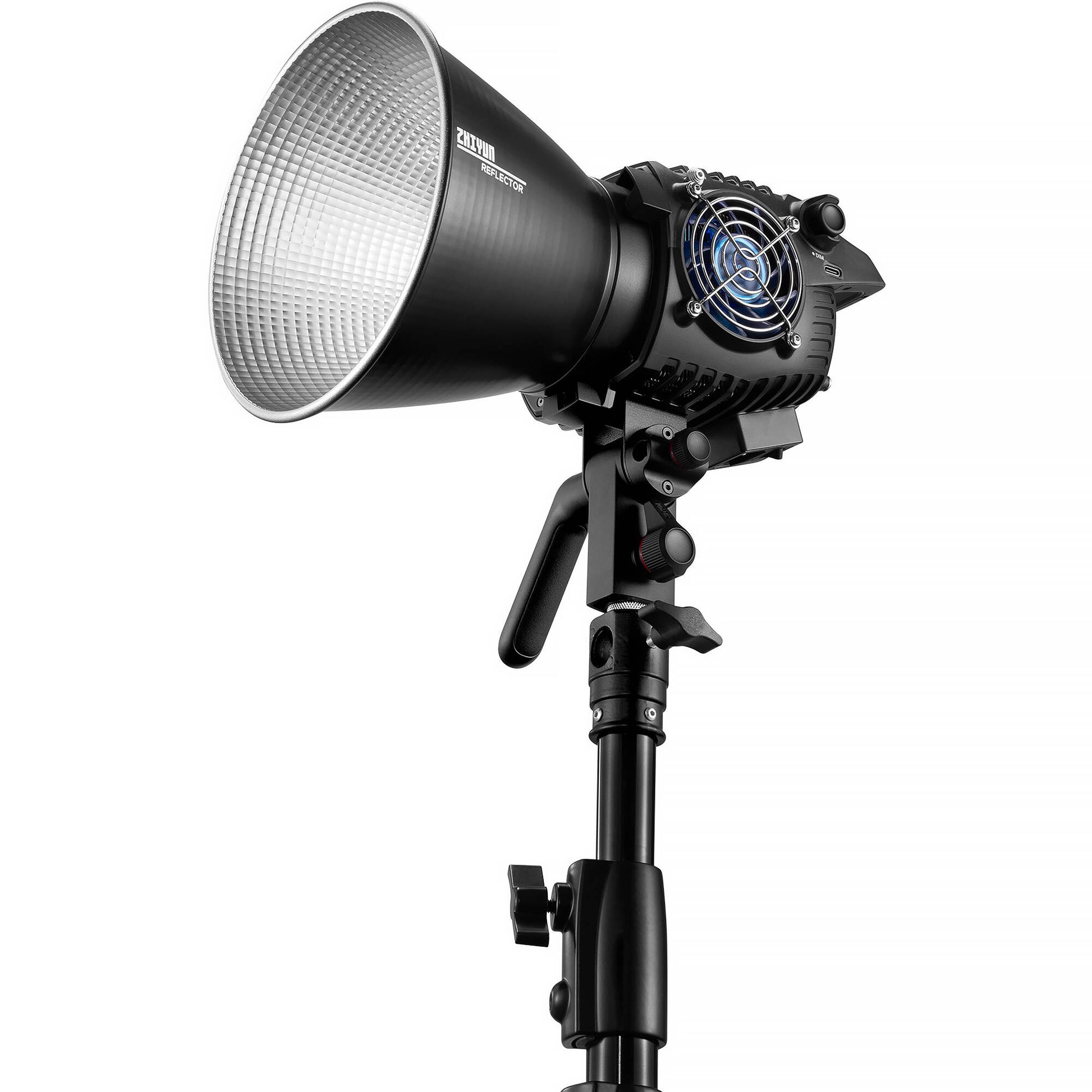 Zhiyun Molus B200 bi-color LED monolight with reflector, mounted on a light stand.