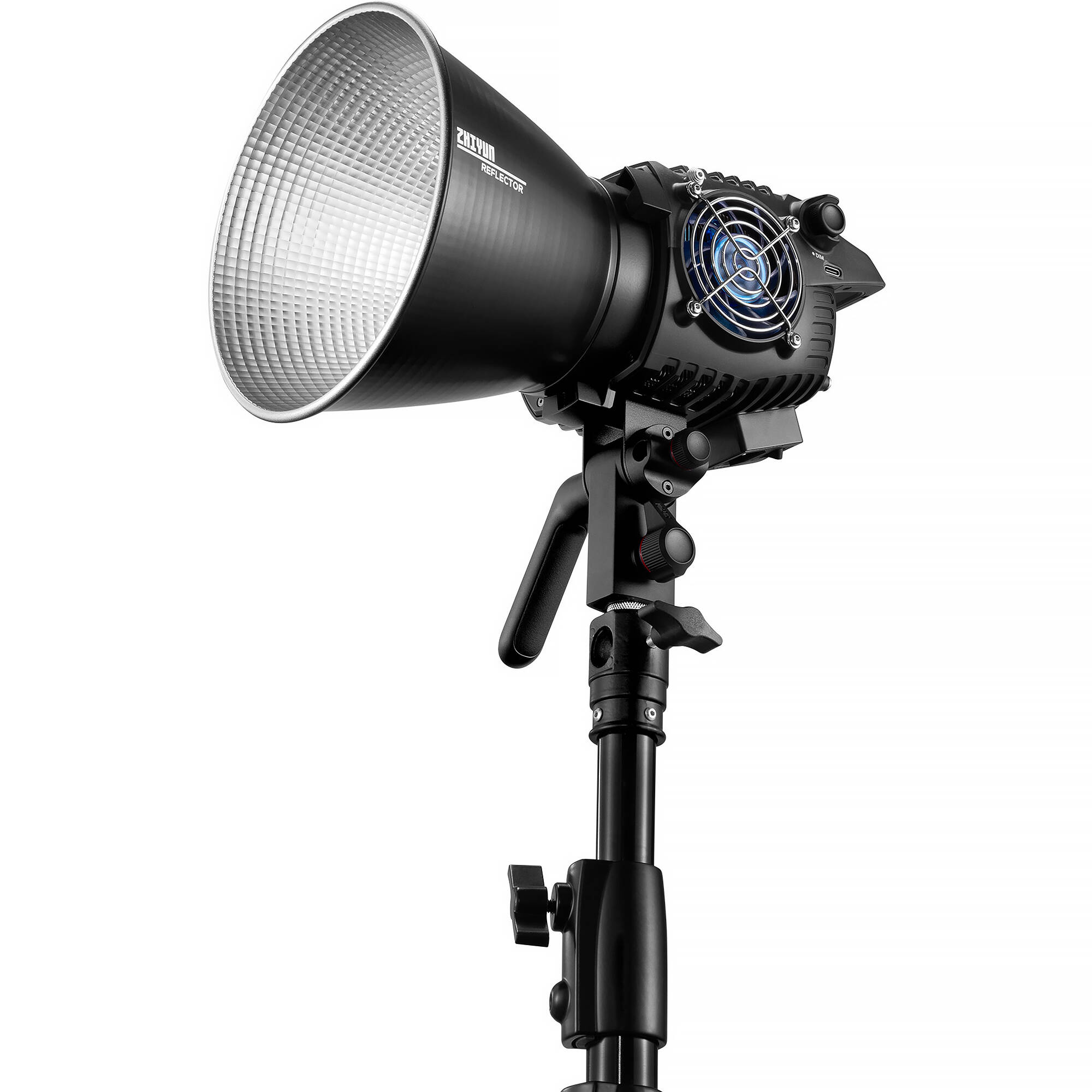 Zhiyun Molus B200 bi-color LED monolight with reflector, mounted on a light stand.