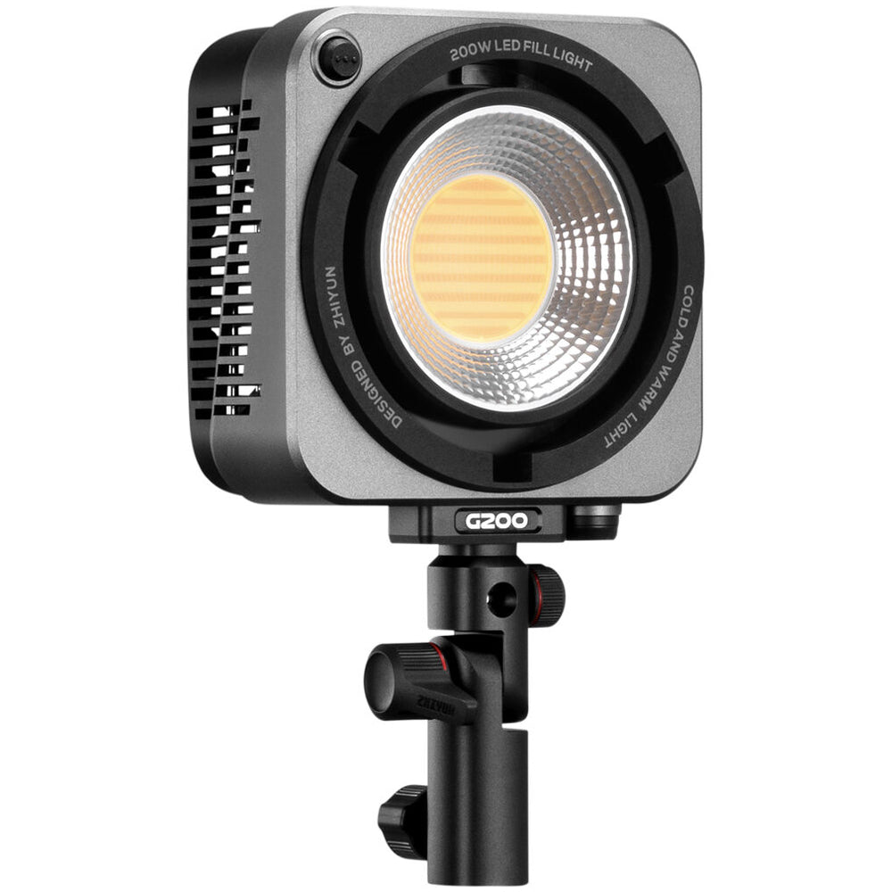 Zhiyun Molus G200 bi-color LED light — compact square COB fixture on articulated mount.