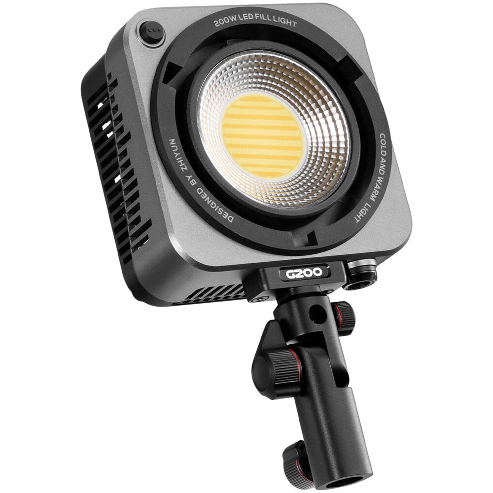 Zhiyun Molus G200 bi-color LED light — compact square COB fixture on articulated mount.
