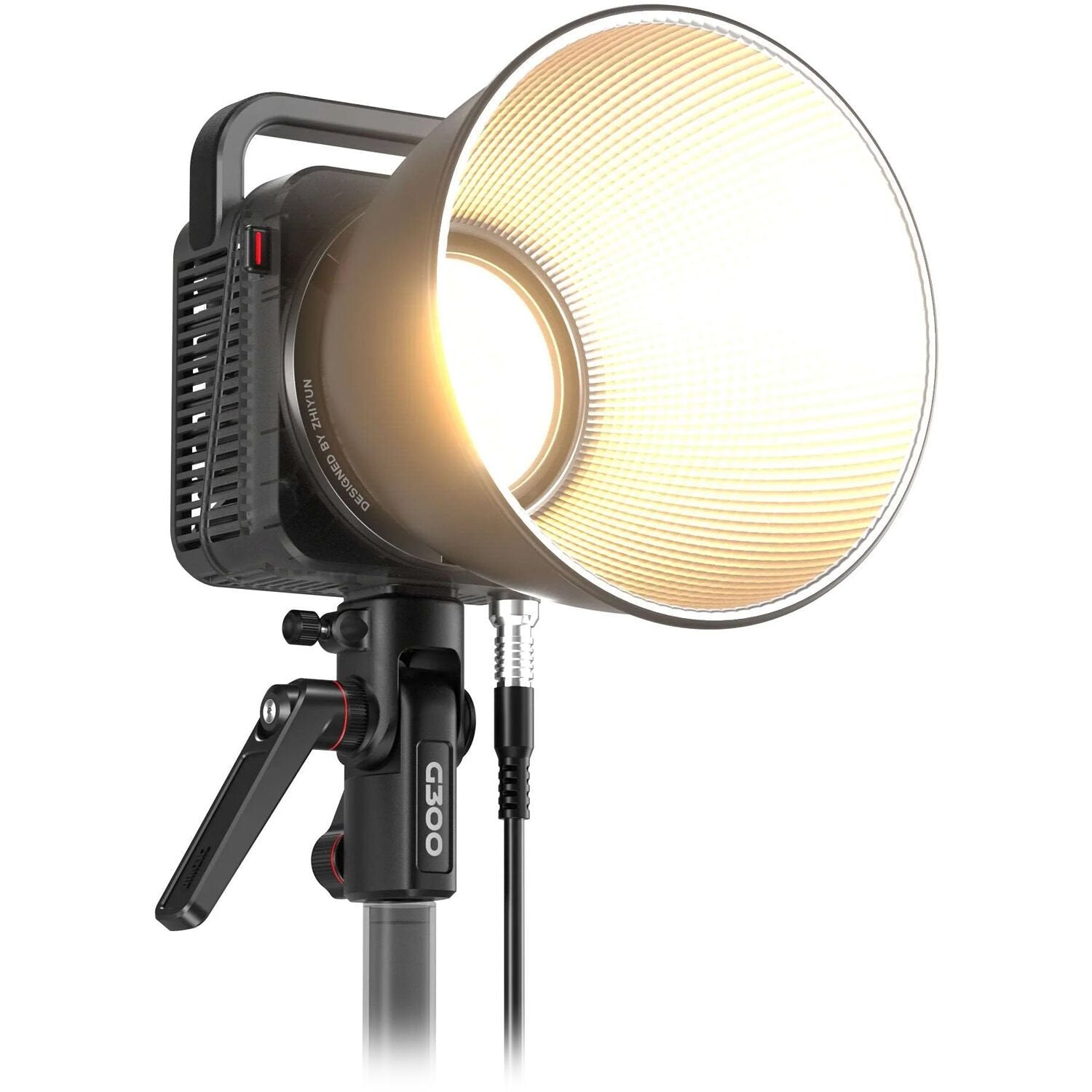 The Zhiyun Molus G300 COB Light is a powerful continuous lighting fixture for film and video production, featuring a separate light/controller design with a wide color temperature range and an advanced cooling system.