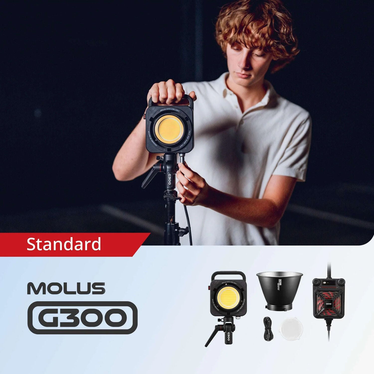 The Zhiyun Molus G300 COB Light is a powerful continuous lighting fixture for film and video production, featuring a separate light/controller design with a wide color temperature range and an advanced cooling system.
