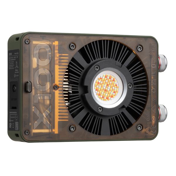 Zhiyun X100 RGB compact handheld video light with mini lens reflector and magnetic barn doors for even, vibrant lighting.