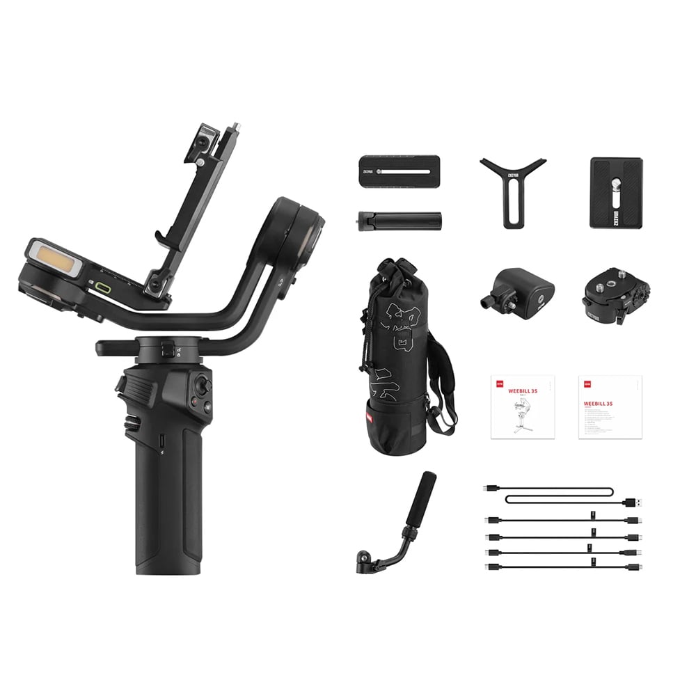 Elevate your shoots with the Zhiyun Weebill 3S Combo. It offers smooth stabilisation, versatile filming modes, and a sling grip for effortless control.