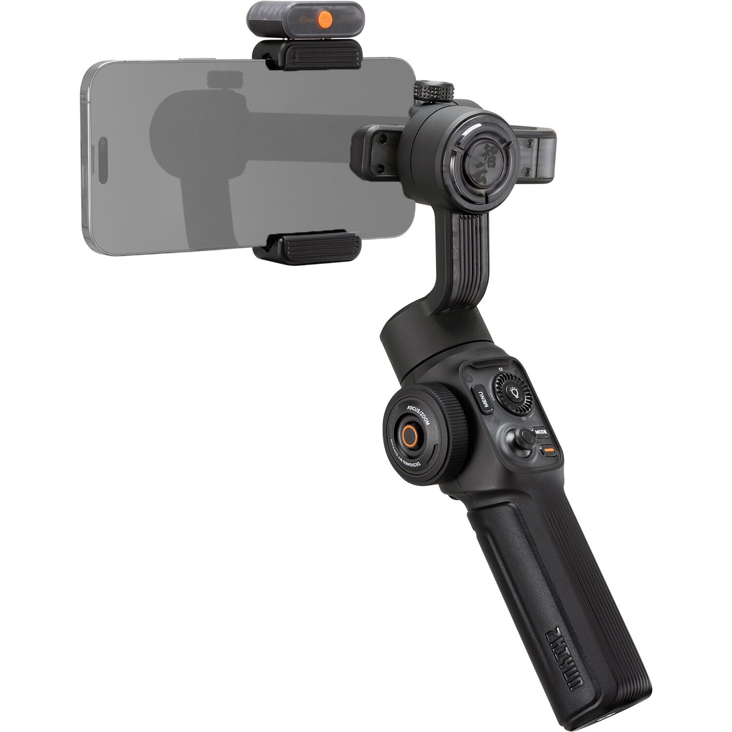Handheld smartphone gimbal with phone mount on a white background