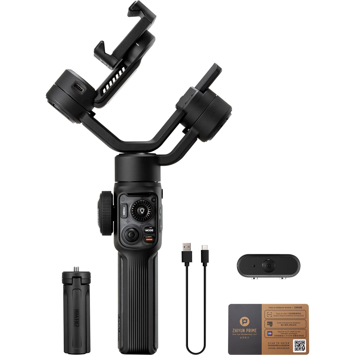 Camera stabilizer with accessories on a white background