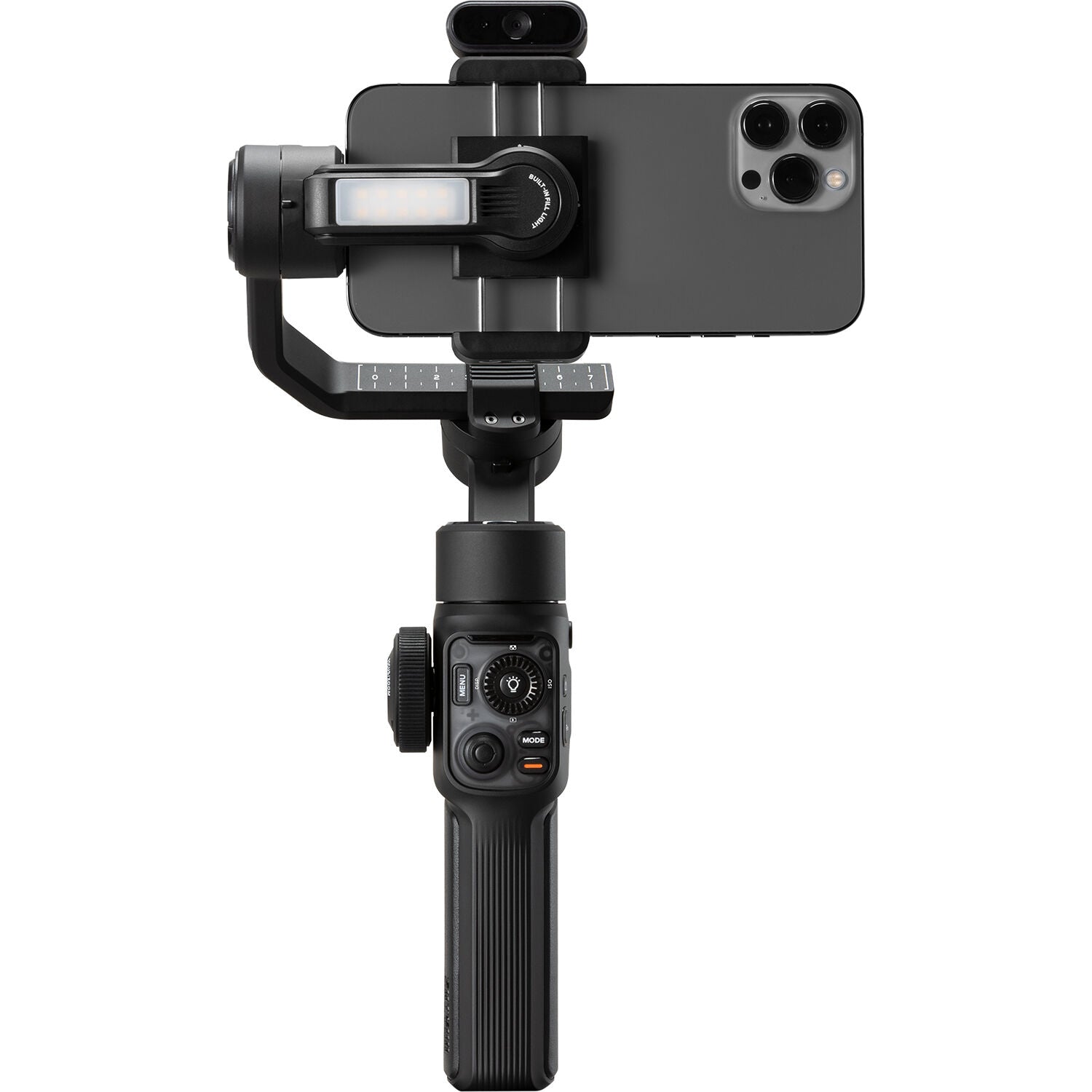Black smartphone gimbal with phone attached on a white background