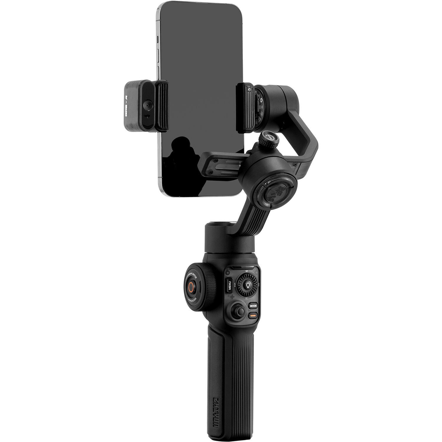 Black smartphone gimbal with phone holder on a white background