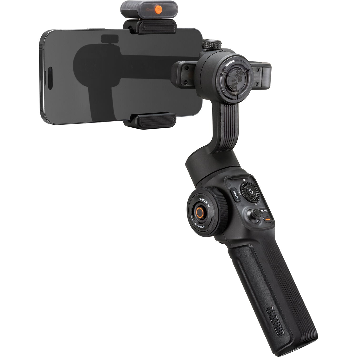Black smartphone gimbal with phone holder on a white background