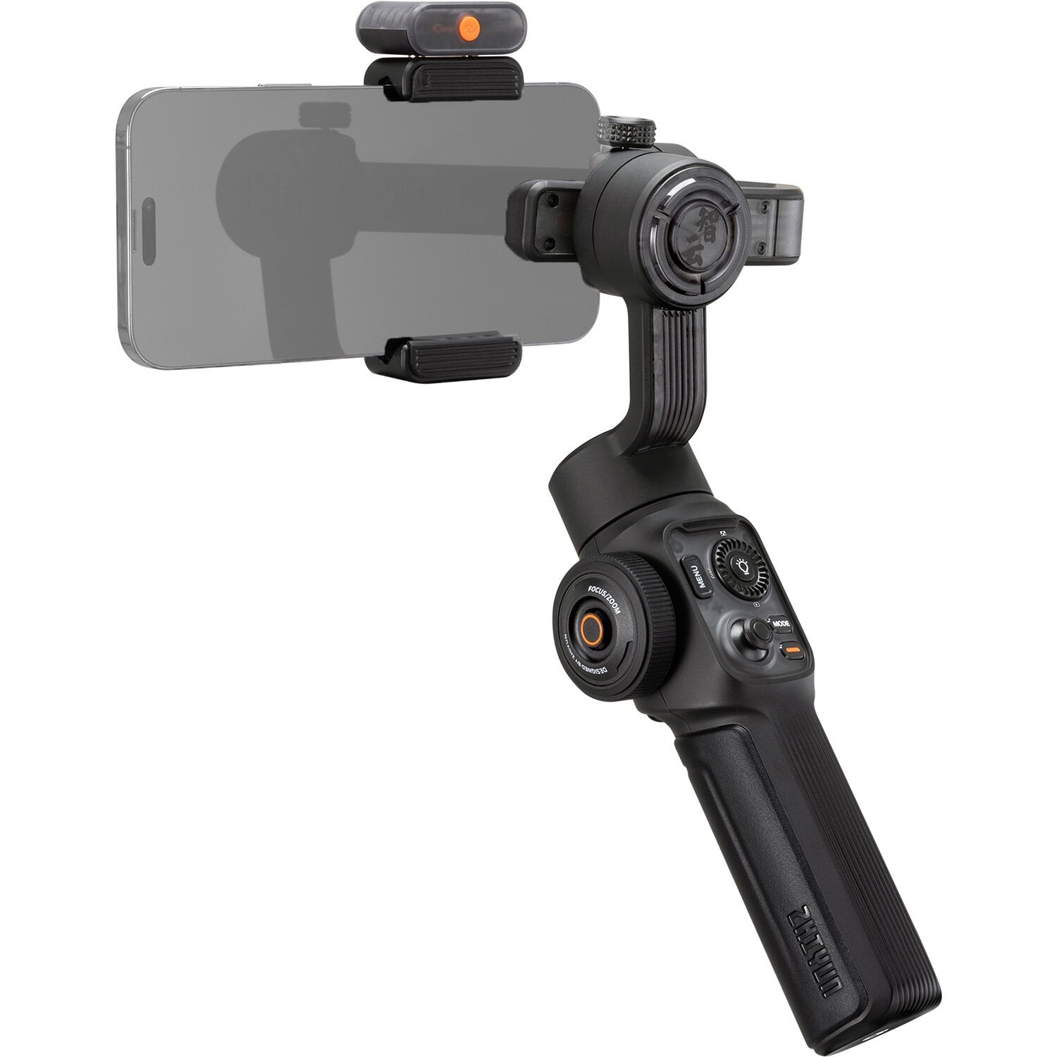 Handheld smartphone gimbal with phone mount on a white background
