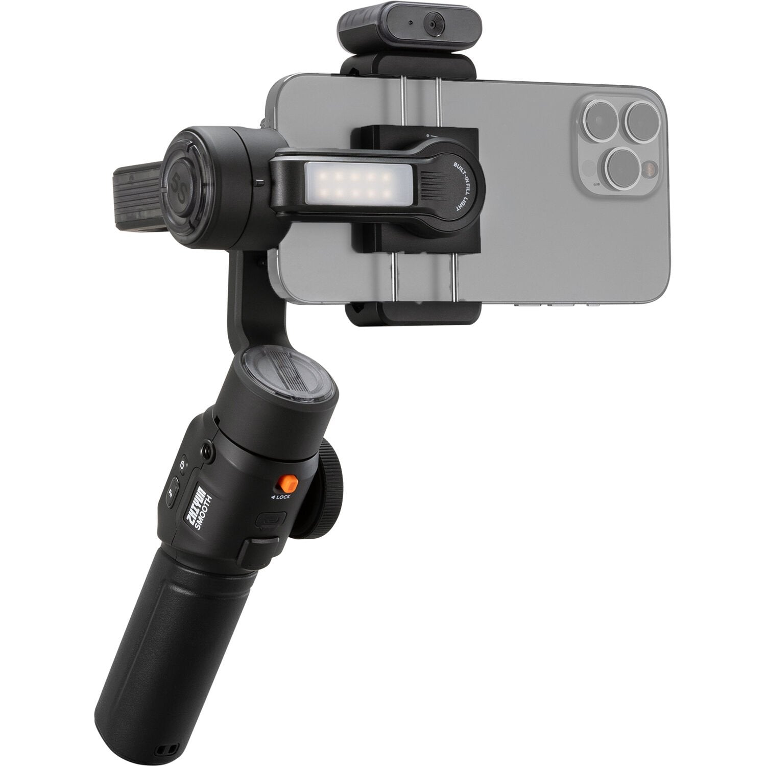 Handheld camera stabilizer with smartphone mount on a white background