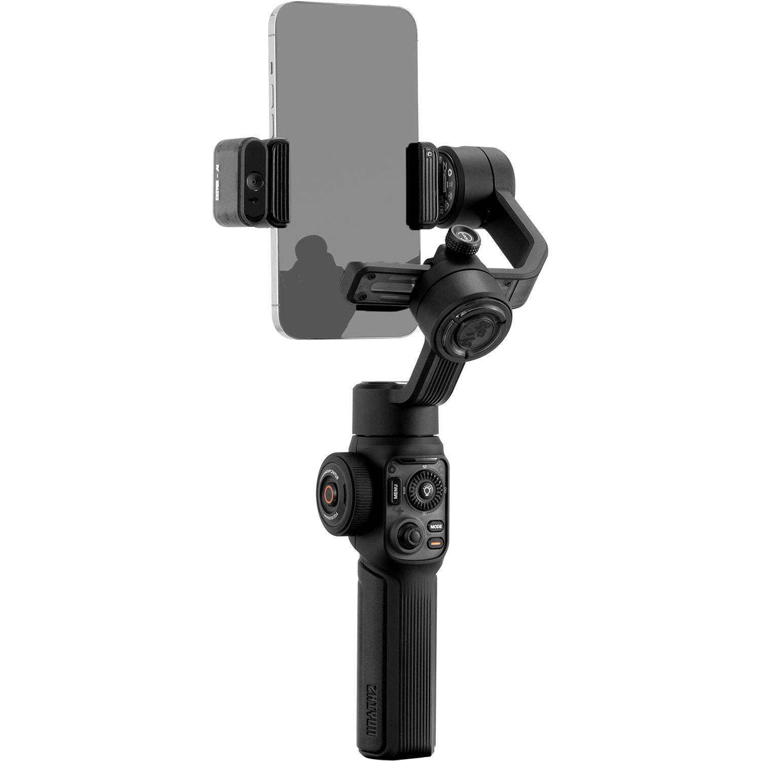 Black smartphone gimbal with phone holder on a white background
