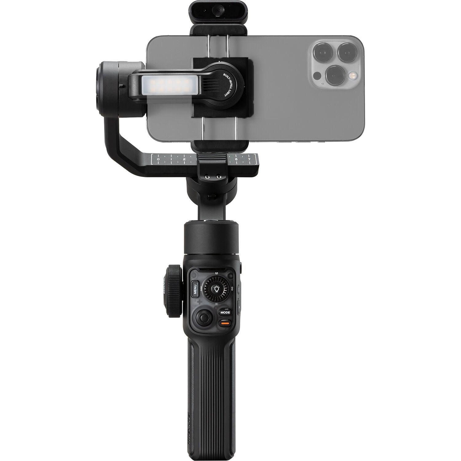 Handheld camera stabilizer with smartphone mount on a white background