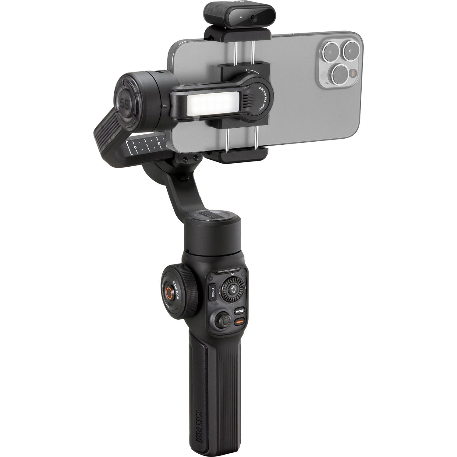 Handheld camera stabilizer with smartphone mount on a white background