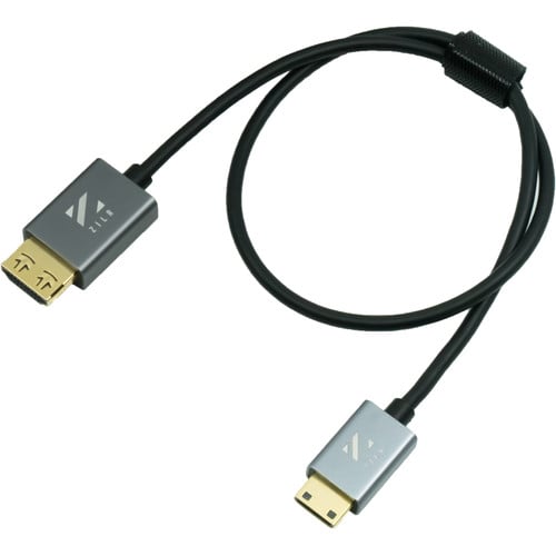 ZILR hyper-thin Mini-HDMI to HDMI cable in black, slim design with gold connectors for 4Kp60 signal.